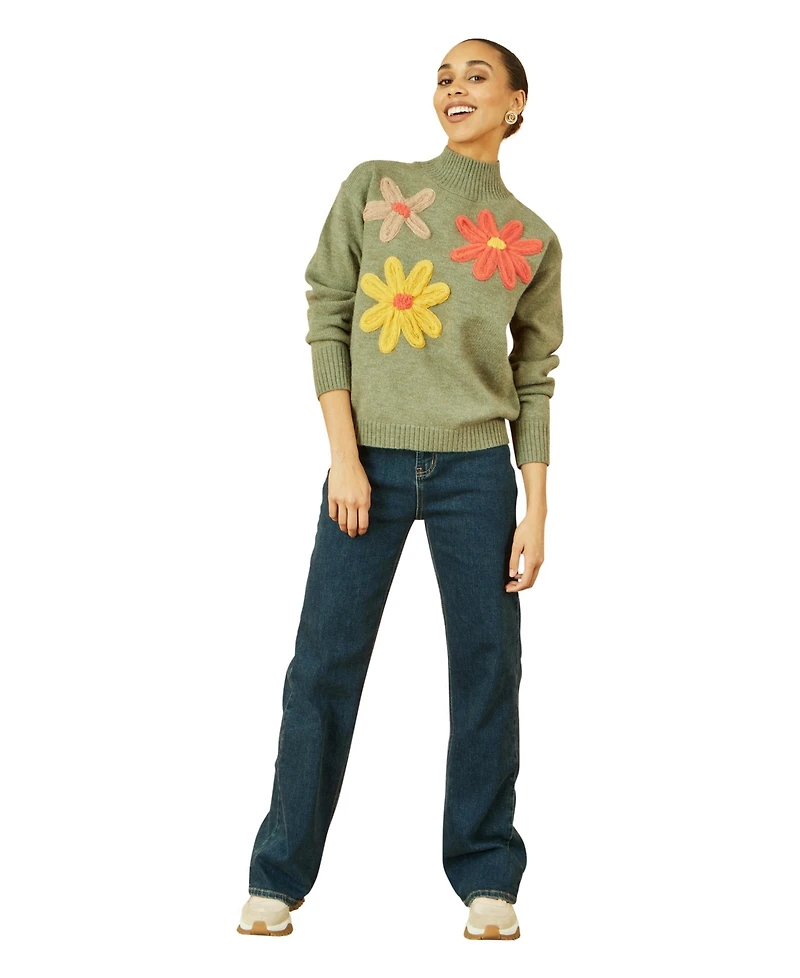 Yumi Women's Floral Detail High Neck Knit Sweater