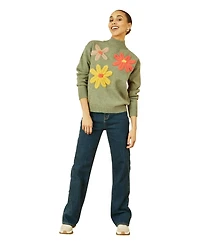 Yumi Women's Floral Detail High Neck Knit Sweater