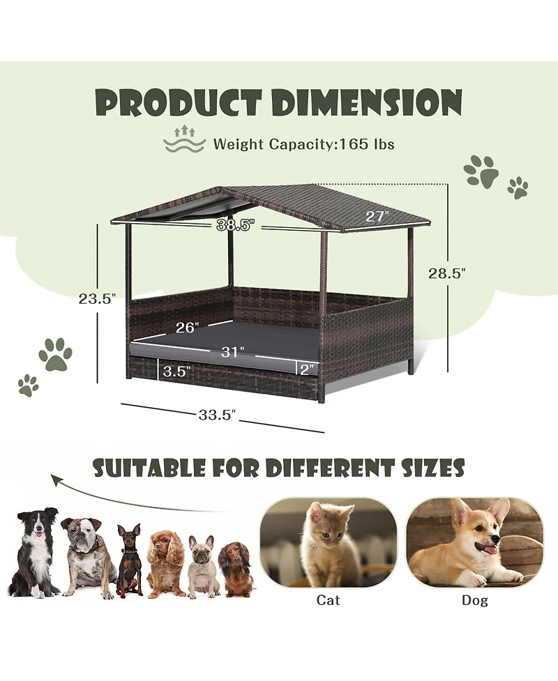 Gymax Wicker Dog House w/ Cushion Lounge Raised Rattan Bed for Indoor/Outdoo