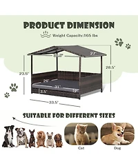 Gymax Wicker Dog House w/ Cushion Lounge Raised Rattan Bed for Indoor/Outdoo
