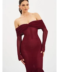Miss Circle Women Kaedyn Burgundy Off Shoulder Long Sleeve Crochet Mermaid Maxi Dress