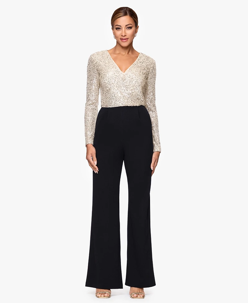 Xscape Women's Sequined-Bodice Straight-Leg Jumpsuit