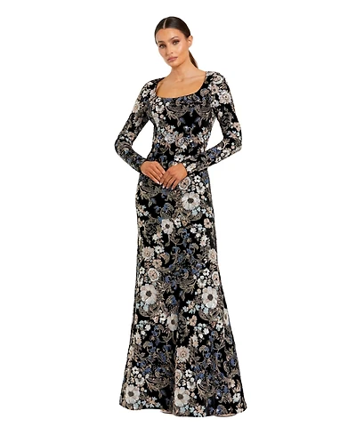 Mac Duggal Women's Embroidered Velvet Long Sleeve Scoop Neck Gown