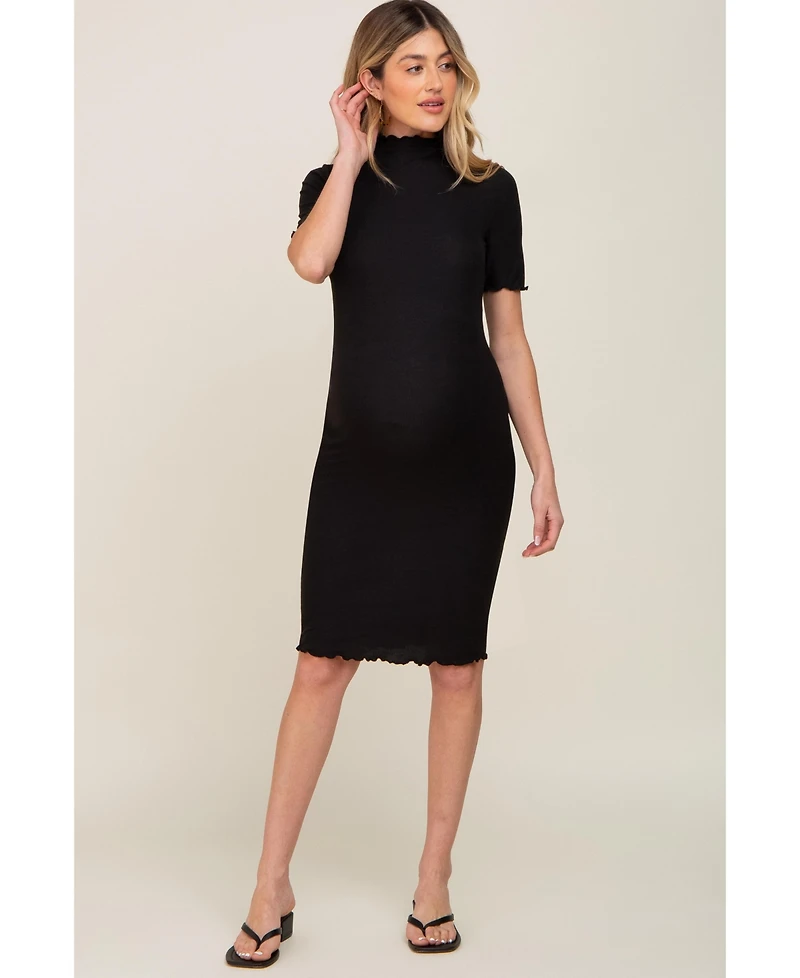 Pinkblush Maternity Black Ribbed Mock Neck Fitted Midi Dress