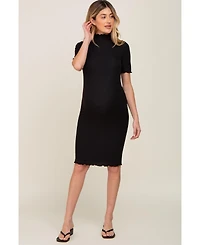 Pinkblush Maternity Black Ribbed Mock Neck Fitted Midi Dress