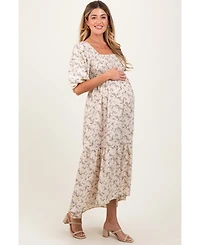Pinkblush Maternity Ivory Floral Smocked Hi-Low Puff Sleeve Maxi Dress