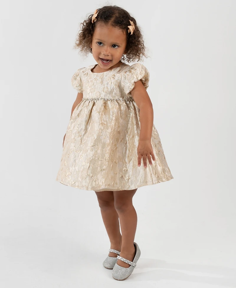 Rare Editions Baby Girls 2-Piece Gold Brocade Puff Sleeve Dress and Diaper Cover Set