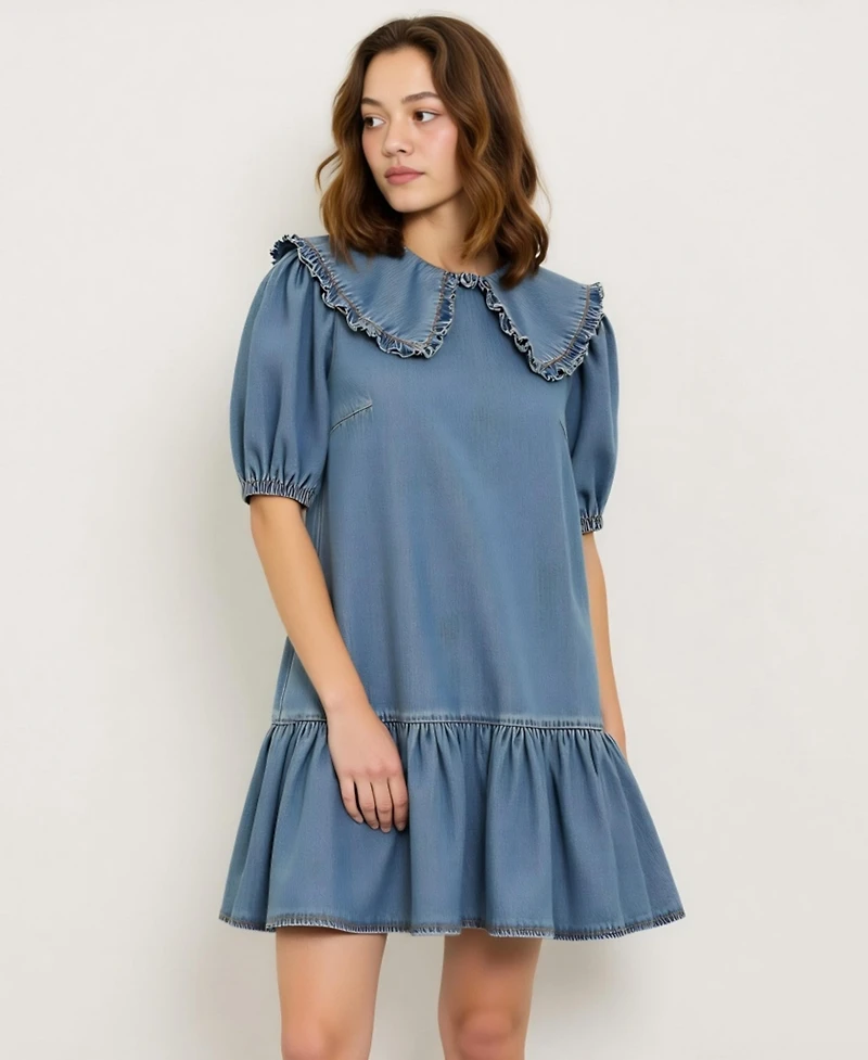 Modenaire Women's Ruffled Collar Short Dress with Puff Sleeves and Tiered Hem
