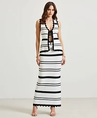 Modenaire Women's Striped Knit Top & Maxi Skirt Two-Piece Set