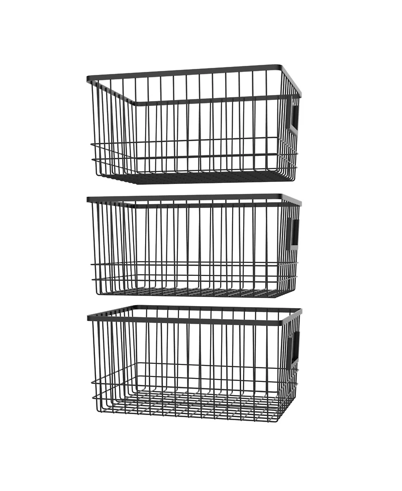 Oceanstar Metal Wire Organizer Bin Basket with Card Holder, Set of 3, Black
