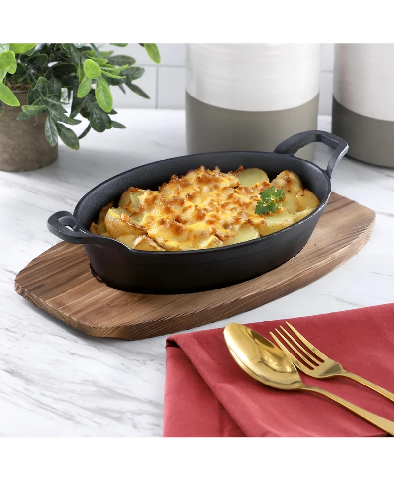 MegaChef 4 Piece Mini Cast Iron Oval Pan with Wood Tray Set