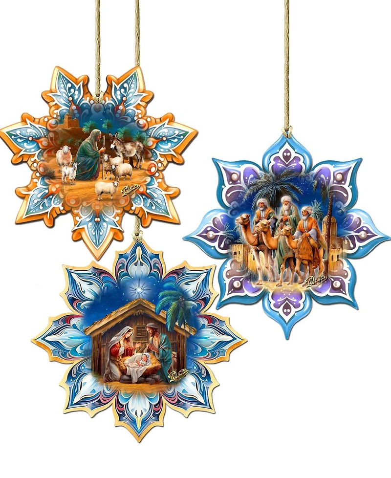 Designocracy Nativity Snowflake Wood Ornaments, Set of 3
