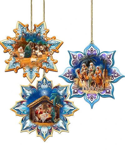 Designocracy Nativity Snowflake Wood Ornaments, Set of 3