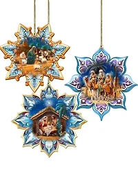 Designocracy Nativity Snowflake Wood Ornaments, Set of 3