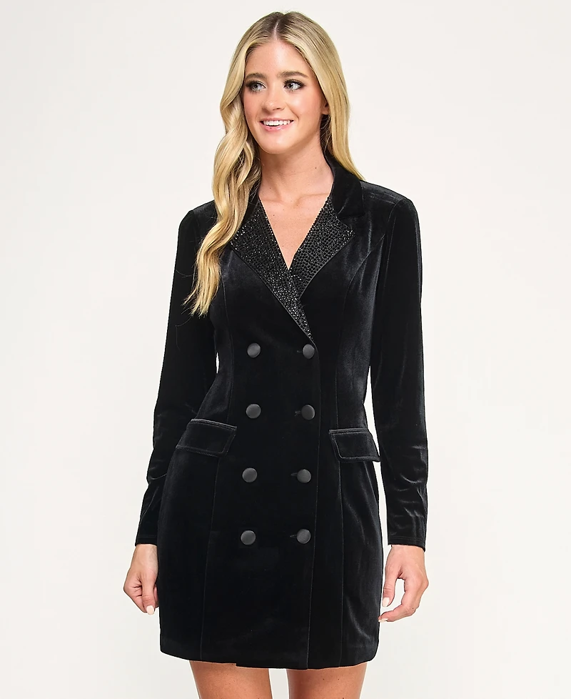City Studios Women's Velvet Short Collar Tuxedo Blazer Dress