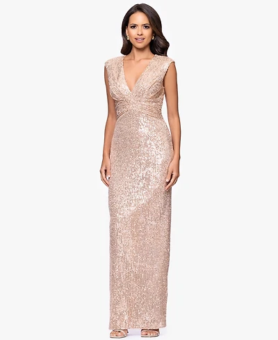 Betsy & Adam Petite Sequin Long Sheath Gown