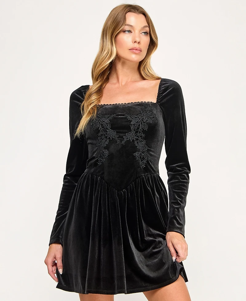 Seni & Cade Juniors' Velvet Drop Waist Embroidered Pull-On Short Dress