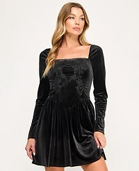 Seni & Cade Juniors' Velvet Drop Waist Embroidered Pull-On Short Dress