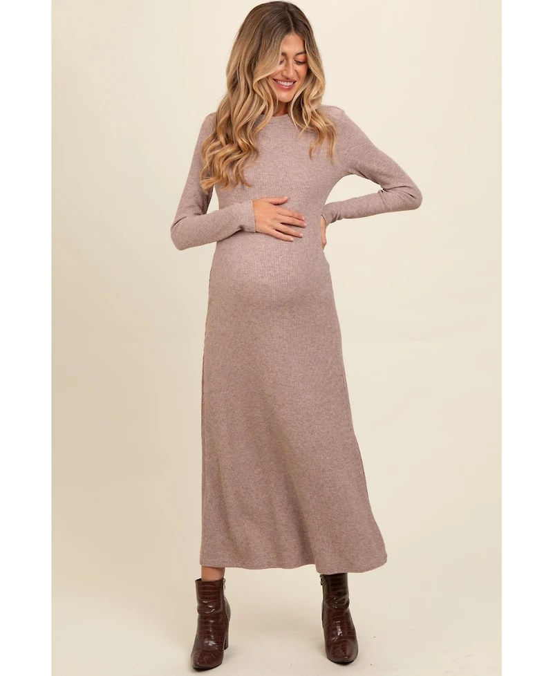Pinkblush Maternity Mocha Ribbed Knit Side Slit Midi Dress