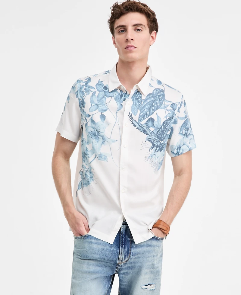 Guess Men's Short Sleeve Tropical Print Button-Front Camp Shirt