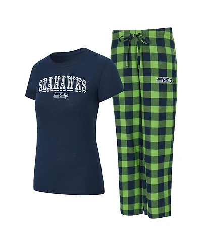 Concepts Sport Women's 2-Piece College Navy/Neon Green Seattle Seahawks Avondale T-Shirt and Pants Flannel Pj Set