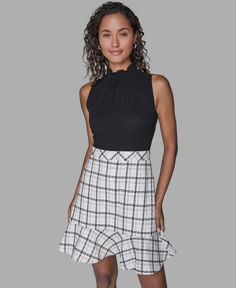 Karl Lagerfeld Paris Women's Mock Neck Flounce Hem A-Line Dress