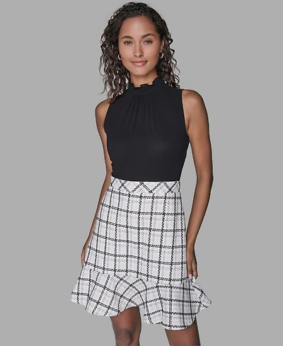 Karl Lagerfeld Paris Women's Mock Neck Flounce Hem A-Line Dress