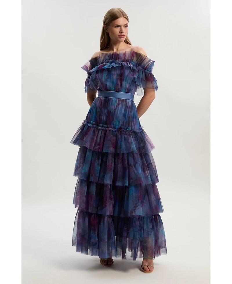 Karen Millen Women's Floral Tulle Off Shoulder Maxi Dress