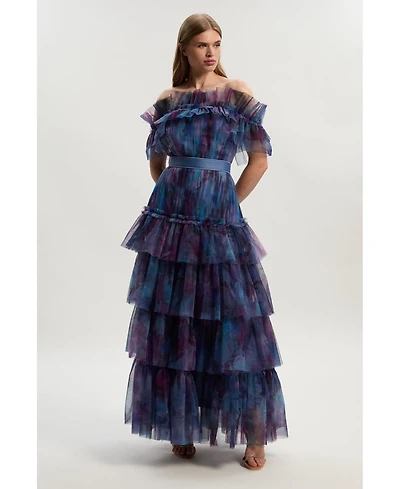 Karen Millen Women's Floral Tulle Off Shoulder Maxi Dress