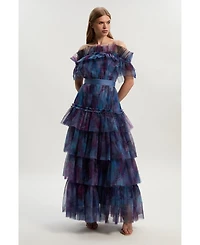 Karen Millen Women's Floral Tulle Off Shoulder Maxi Dress