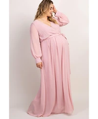 Pinkblush Plus Light Pink Chiffon Long Sleeve Pleated Maxi Dress