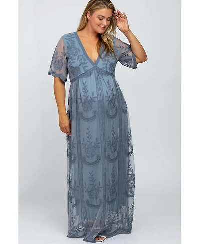 Pinkblush Plus Size Blue Lace Mesh Overlay Maxi Dress