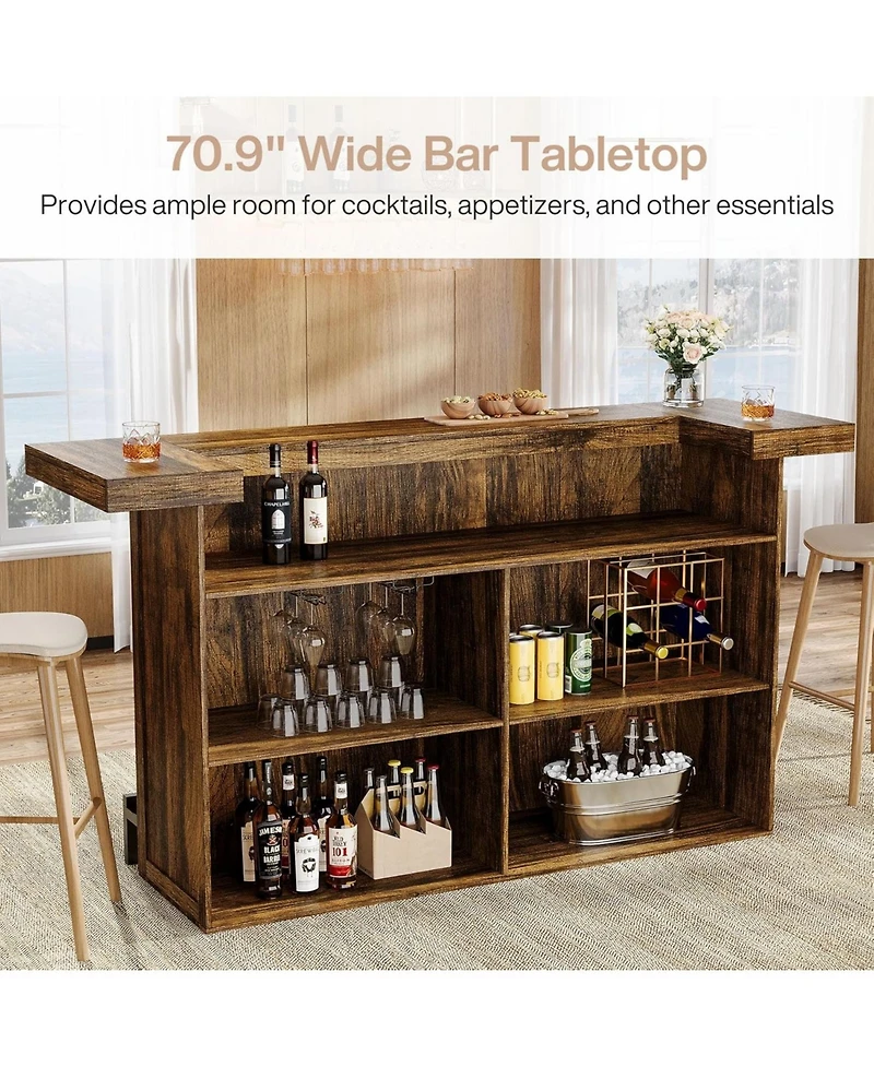 Tribesigns 4-Tier Bar Table, 70.9-Inch Large Modern Home Unit with Wine Glass Holder and Black Footrest, Oak