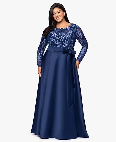Xscape Plus Sequin Mesh Detail Long Sleeves Dress