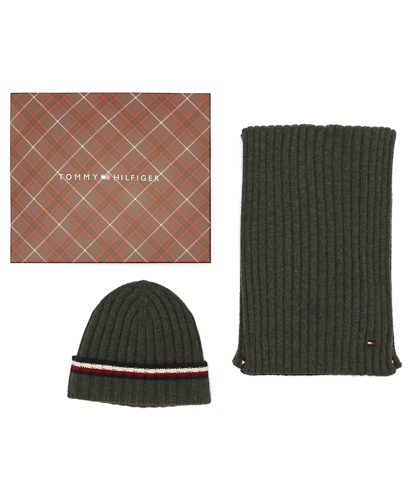 Tommy Hilfiger Men's 2-Piece Wide Rib Global Stripe Cuff Beanie and Scarf Set