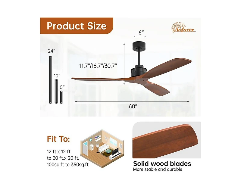 60-inch Modern Black 3-Blade Solid Wood Ceiling Fan Without Light With 6-Speed Remote Control and Forward Reverse Function For Indoor