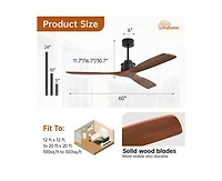 60-inch Modern Black 3-Blade Solid Wood Ceiling Fan Without Light With 6-Speed Remote Control and Forward Reverse Function For Indoor