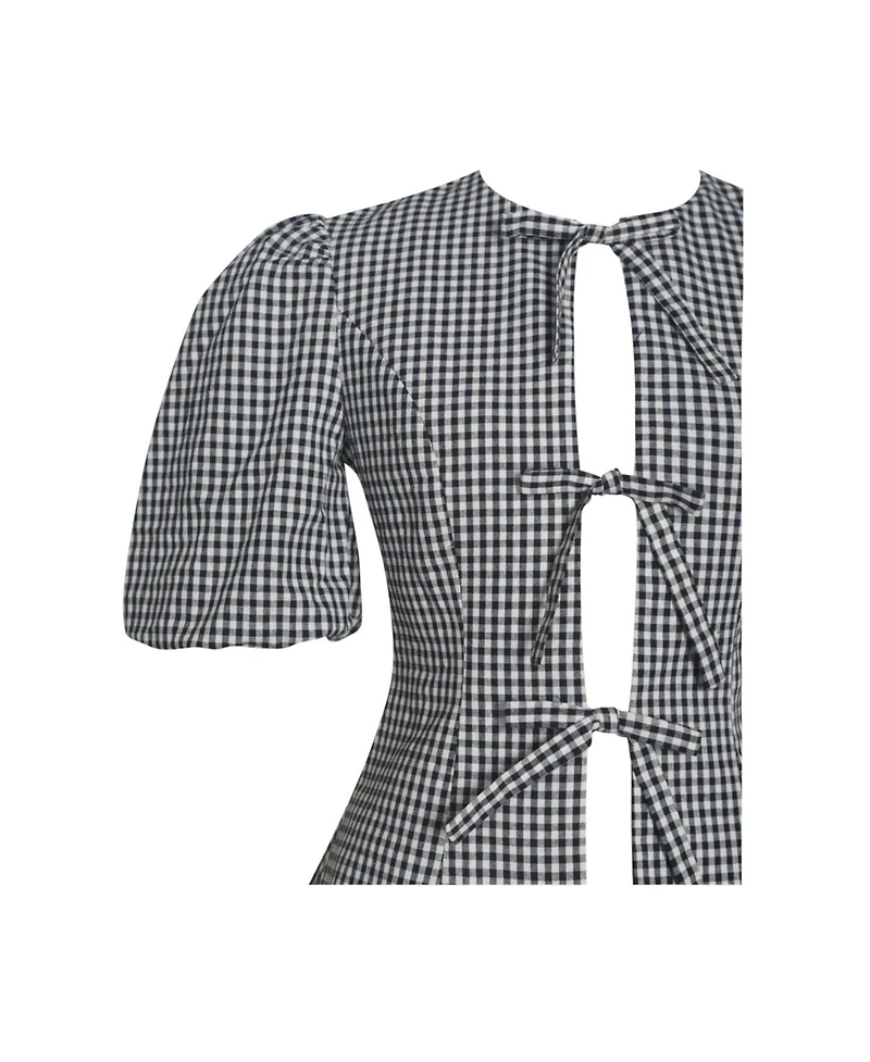 Miss Circle Women's Qusayla Black Gingham Bubble Sleeve Bowtie Top