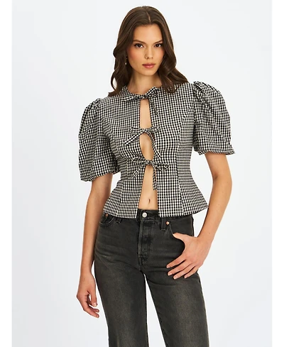 Miss Circle Women's Qusayla Black Gingham Bubble Sleeve Bowtie Top