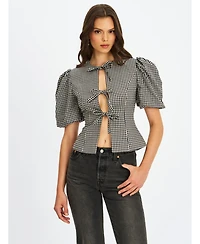 Miss Circle Women's Qusayla Black Gingham Bubble Sleeve Bowtie Top