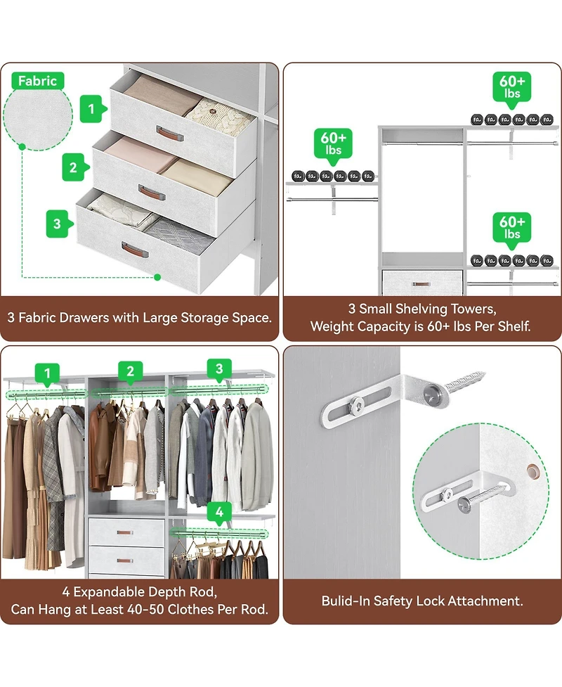 Aheaplus 5FT Small Closet Organizer System with 3 Fabric Drawers, 60" Shelving Towers