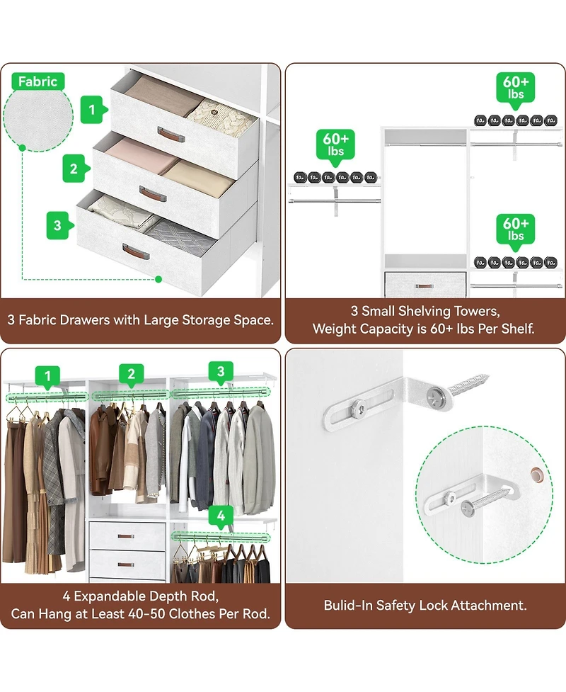 Aheaplus 5FT Small Closet Organizer System with 3 Fabric Drawers, 60" Shelving Towers