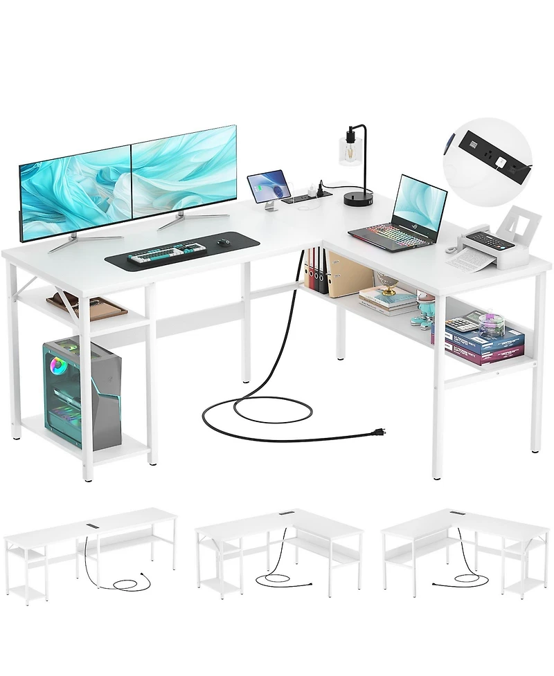 47.2'' L-Shaped Desk with Power Outlet and Shelf, Reversible