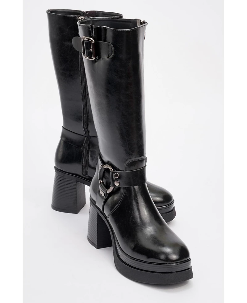 Prologue Shoes Rock Buckle Zip Block Heel Boot (Women)