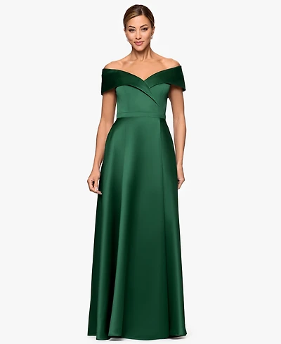 Xscape Petite Long Satin Off-The-Shoulder A-Line Gown