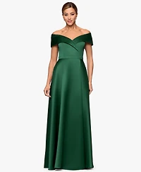 Xscape Petite Long Satin Off-The-Shoulder A-Line Gown
