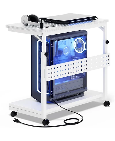 Aheaplus Height Adjustable Computer Tower Stand with Charging Station, Mobile Rolling Cpu Holder with Wheels