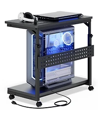 Height Adjustable Computer Tower Stand with Charging Station, Mobile Rolling Cpu Holder Wheels