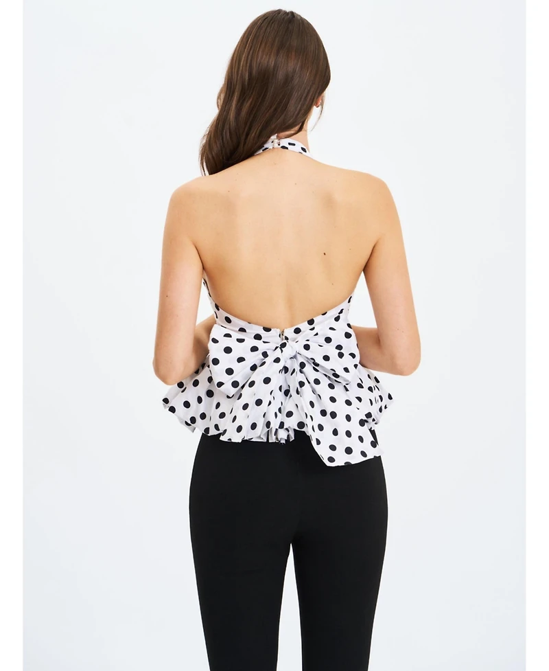 Miss Circle Women's Ilene White and Black Polka Dot Bubble Hem Halter Top
