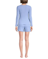 Lands' End Women's Brushed Cozy Waffle 2 Piece Pajama Set - Long Sleeve Top and Shorts
